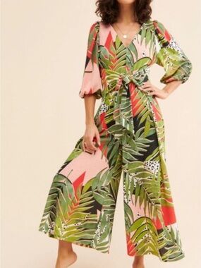 Hutch Tropical Leaf-Print Wide-Leg Jumpsuit in Green & Pink